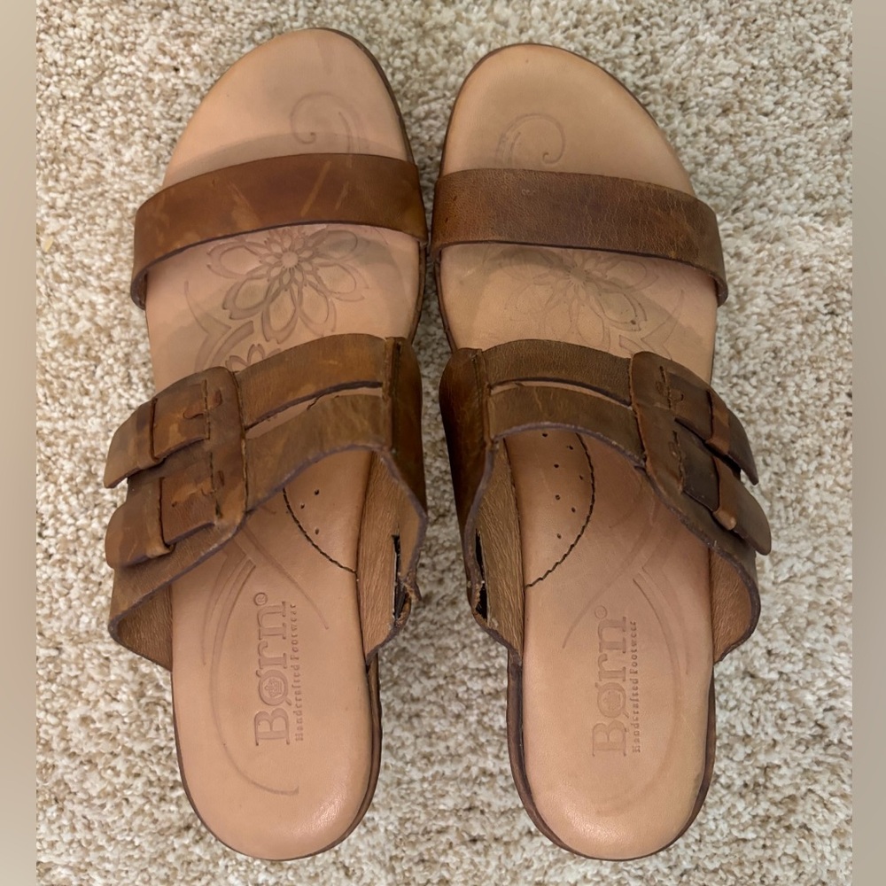 Born Leather Platform Sandals Size 9 med Caramel Brown Artisan Boho Block Heel
